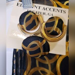NEW Elegant Accents Black and Gold Scarf, Scarf Clip, And Earrings